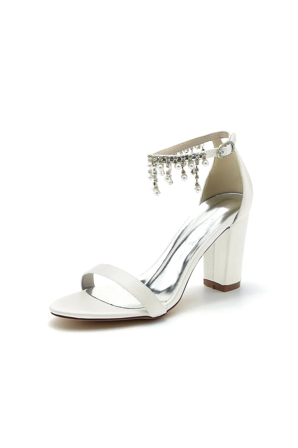 Open Toe Block Heels with Rhinestone Tassel