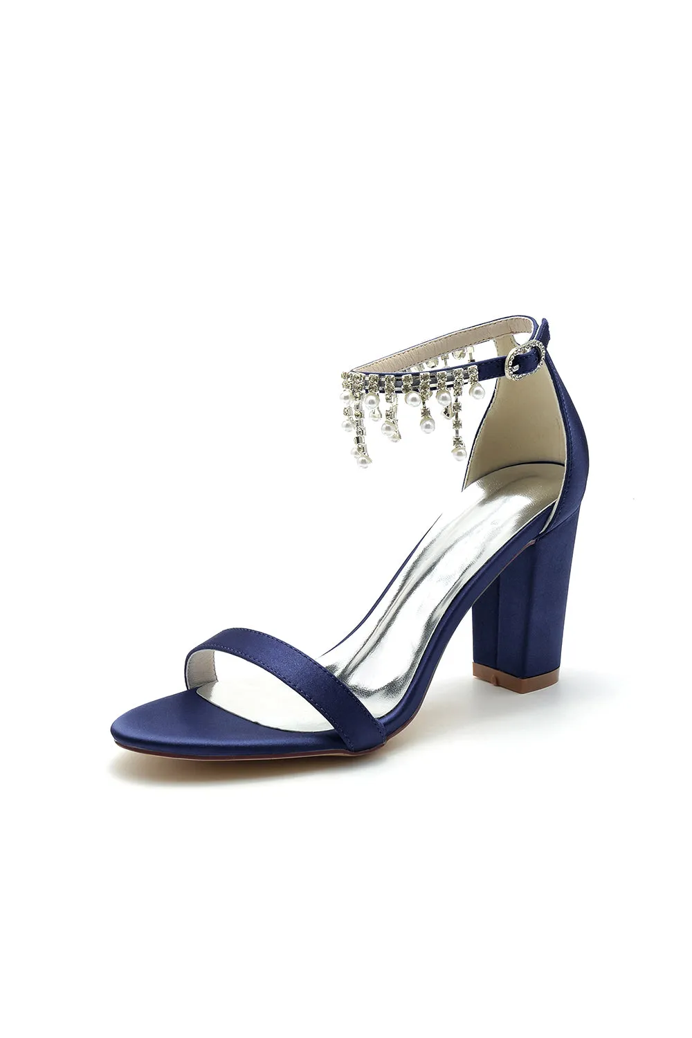 Open Toe Block Heels with Rhinestone Tassel
