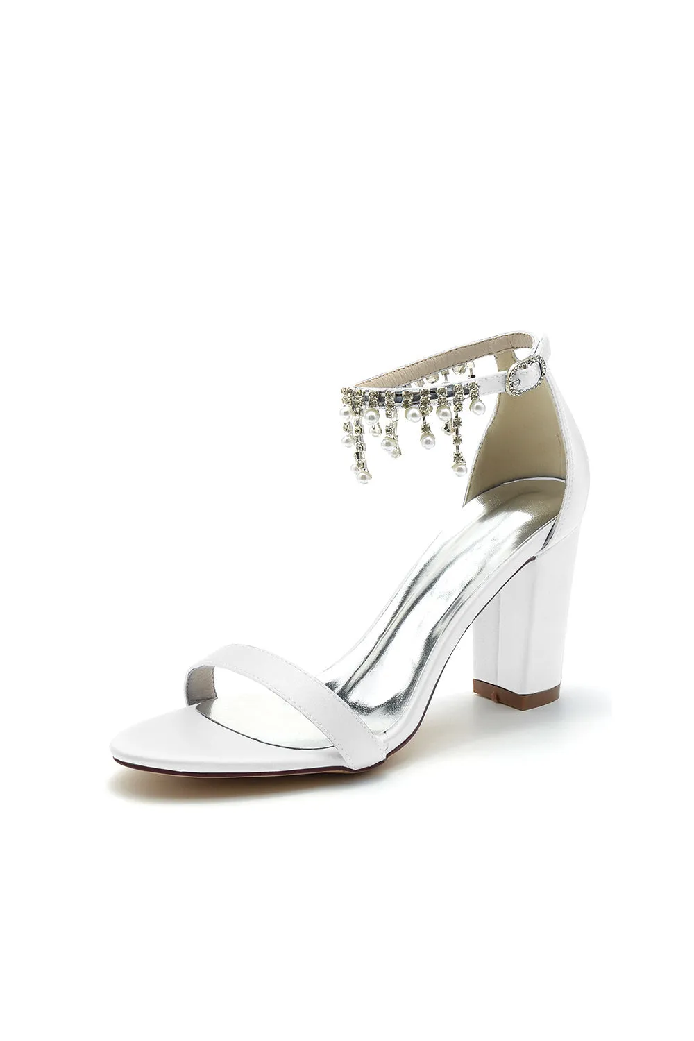 Open Toe Block Heels with Rhinestone Tassel