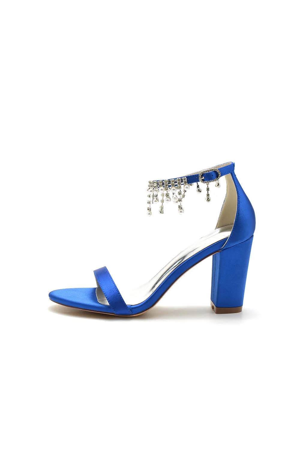 Open Toe Block Heels with Rhinestone Tassel