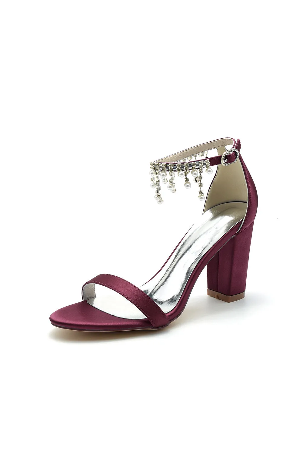 Open Toe Block Heels with Rhinestone Tassel