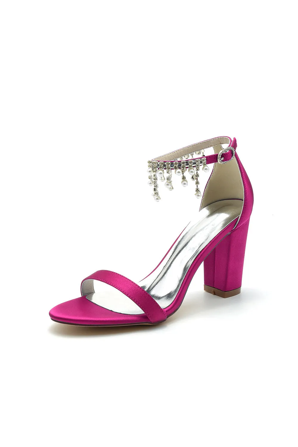 Open Toe Block Heels with Rhinestone Tassel
