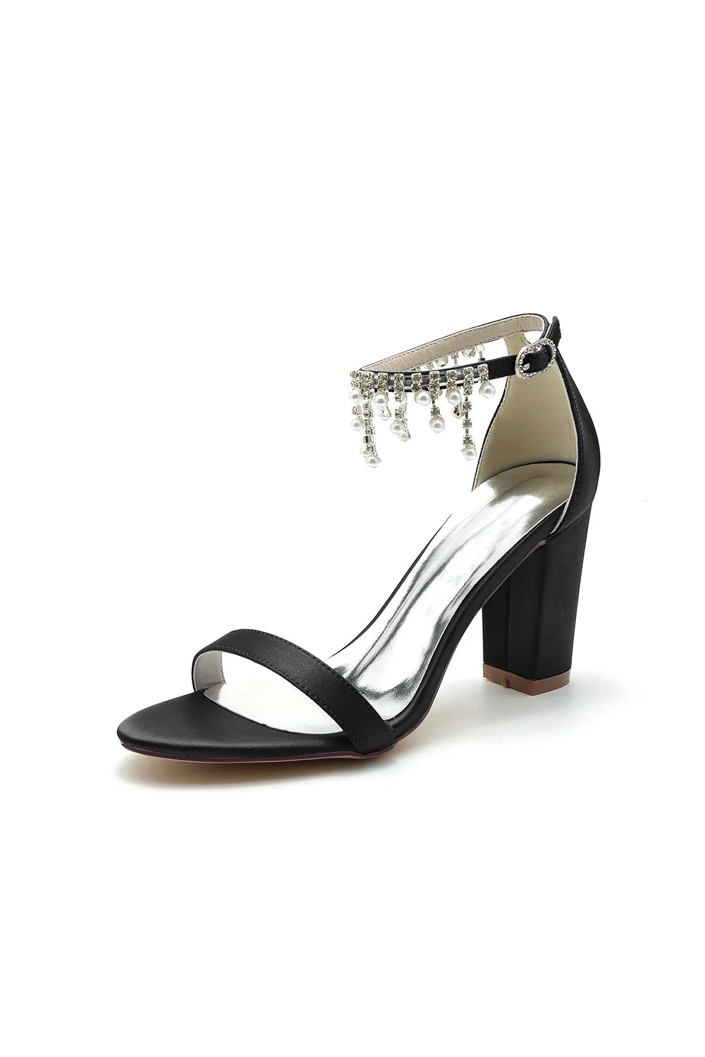Open Toe Block Heels with Rhinestone Tassel
