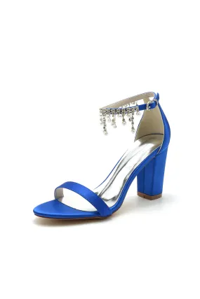 Open Toe Block Heels with Rhinestone Tassel