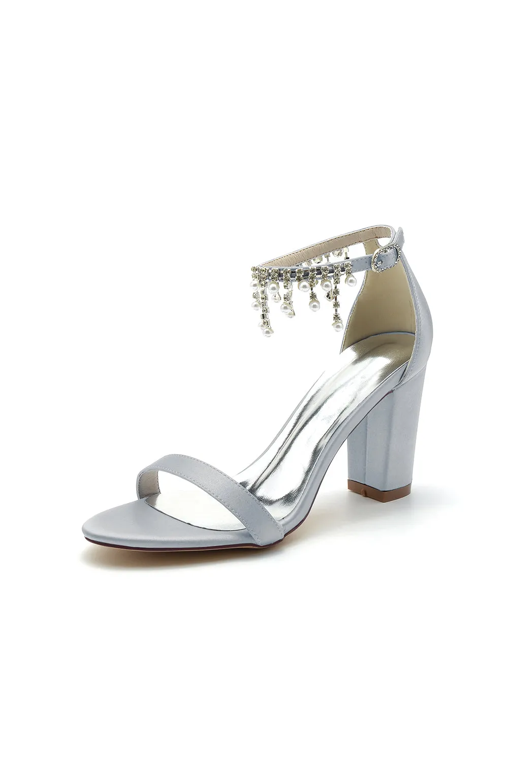 Open Toe Block Heels with Rhinestone Tassel