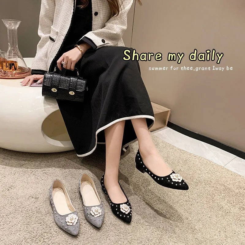 Pointed toe single shoes women's flowers small fragrant low heeled pearl flats