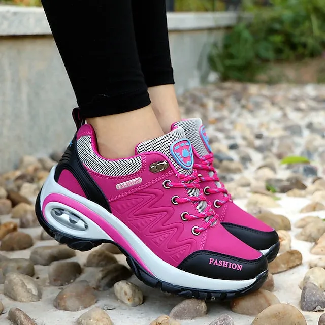 Purpdrank - Women's Sneakers Hiking Boots Outdoor Rivet Flat Heel Round Toe Sporty Casual Hiking Shoes Mesh PU Lace-up Color Block Dark Grey Black Pink
