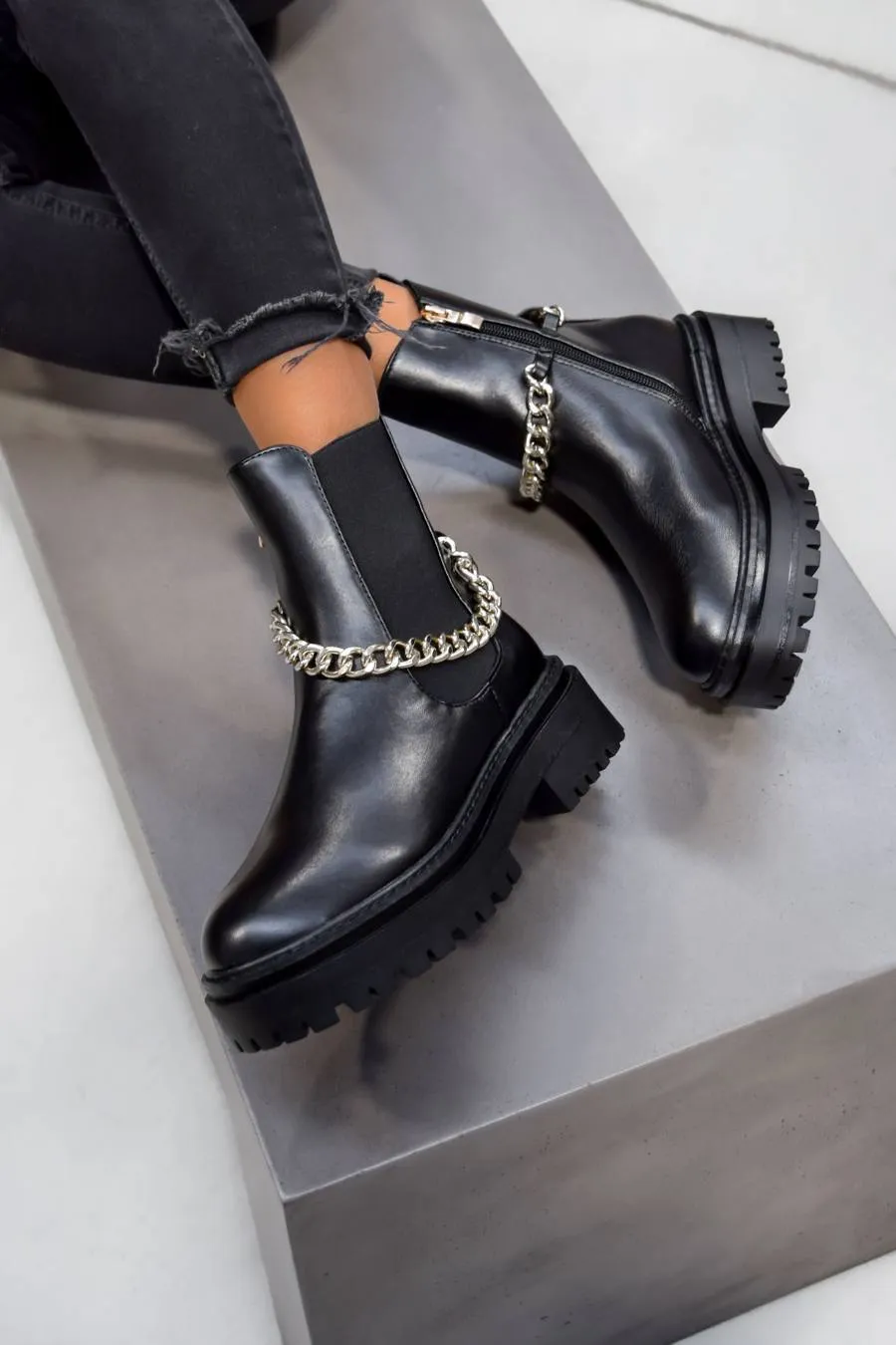 RAIN Chunky Platform Chain Ankle Boots - Black PU