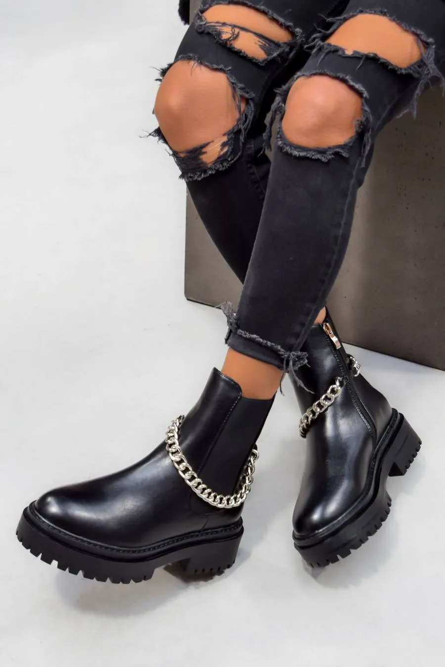 RAIN Chunky Platform Chain Ankle Boots - Black PU