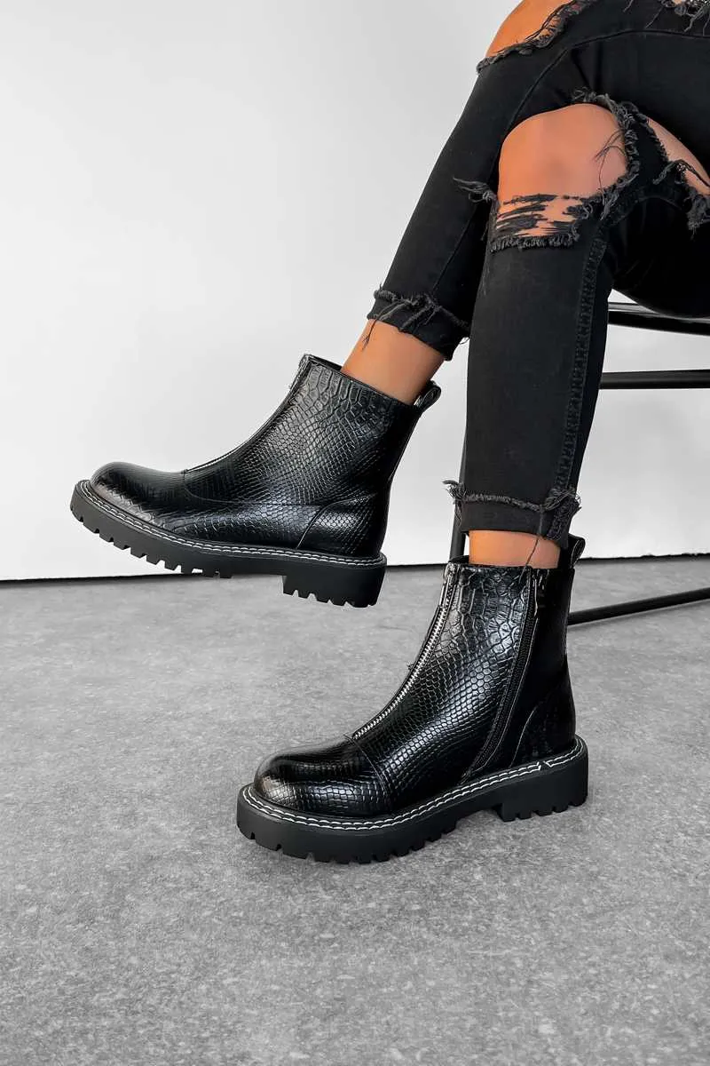 REBEL Zip Front Ankle Boots - Black Croc