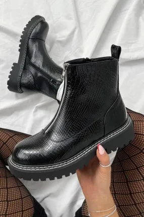 REBEL Zip Front Ankle Boots - Black Croc