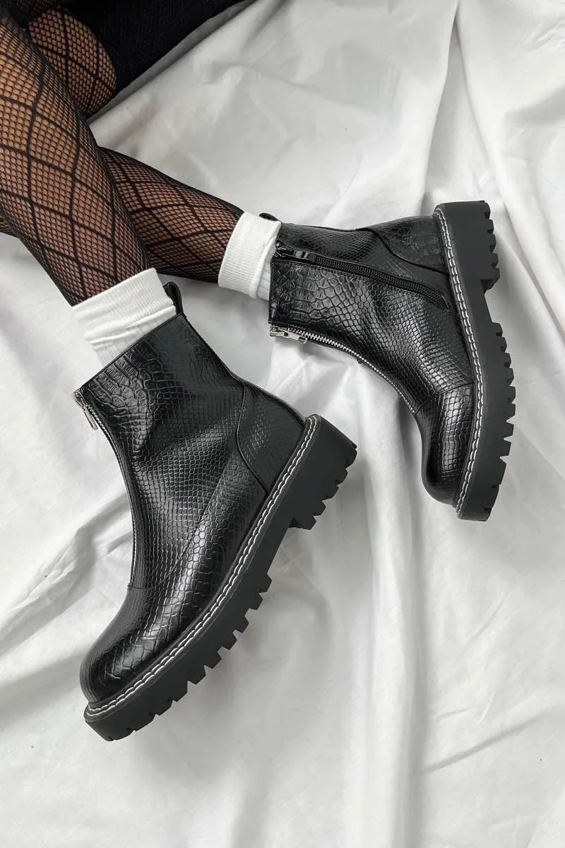 REBEL Zip Front Ankle Boots - Black Croc