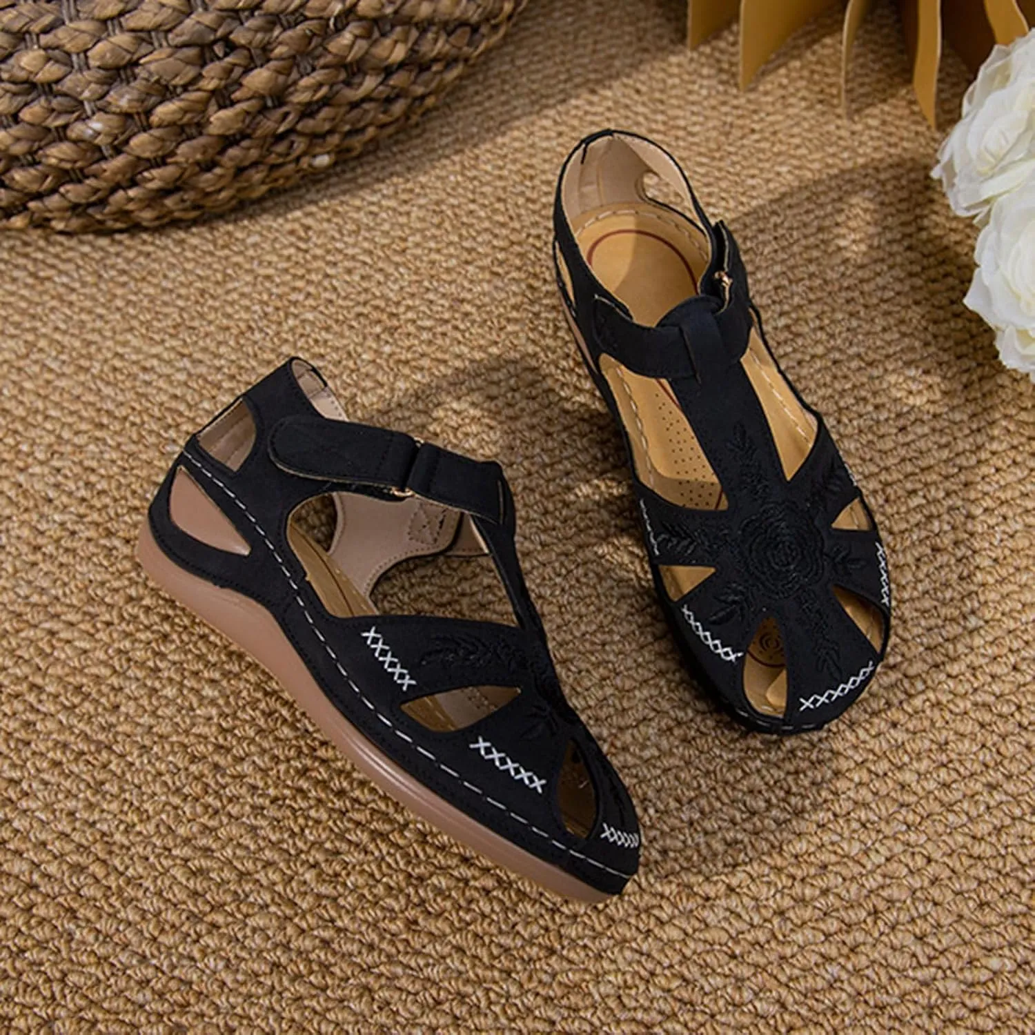 Smoneyful Womens Closed Toe Wedge Sandals Ankle Strap Hook Loop for Summer Casual Outdoor Use Platform Gladiator Style
