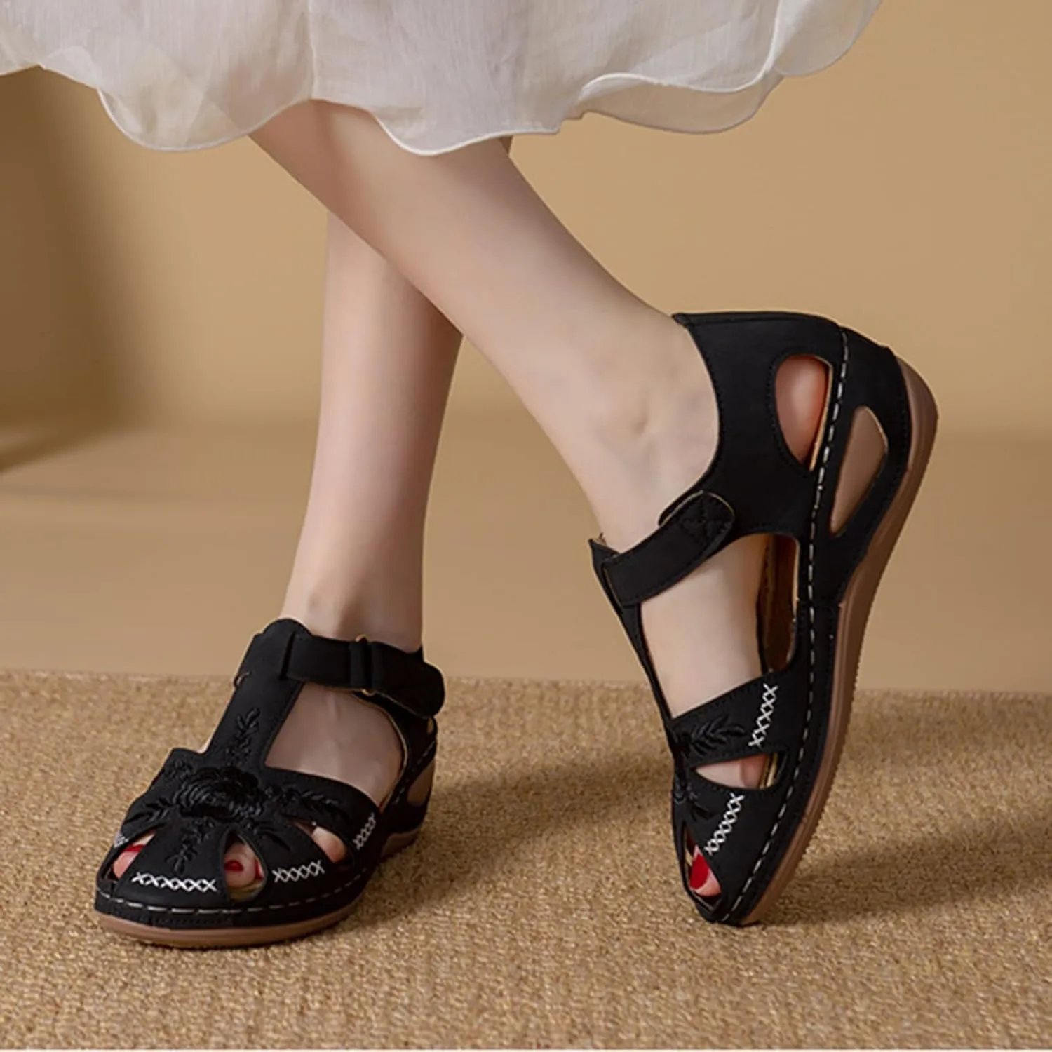 Smoneyful Womens Closed Toe Wedge Sandals Ankle Strap Hook Loop for Summer Casual Outdoor Use Platform Gladiator Style