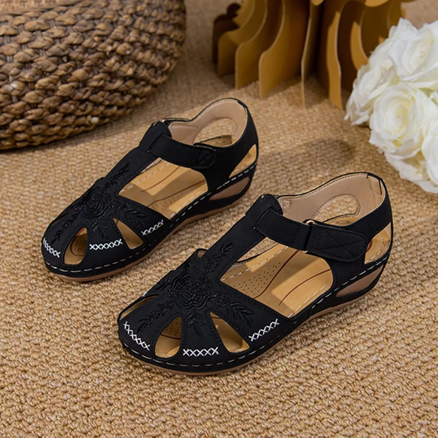 Smoneyful Womens Closed Toe Wedge Sandals Ankle Strap Hook Loop for Summer Casual Outdoor Use Platform Gladiator Style