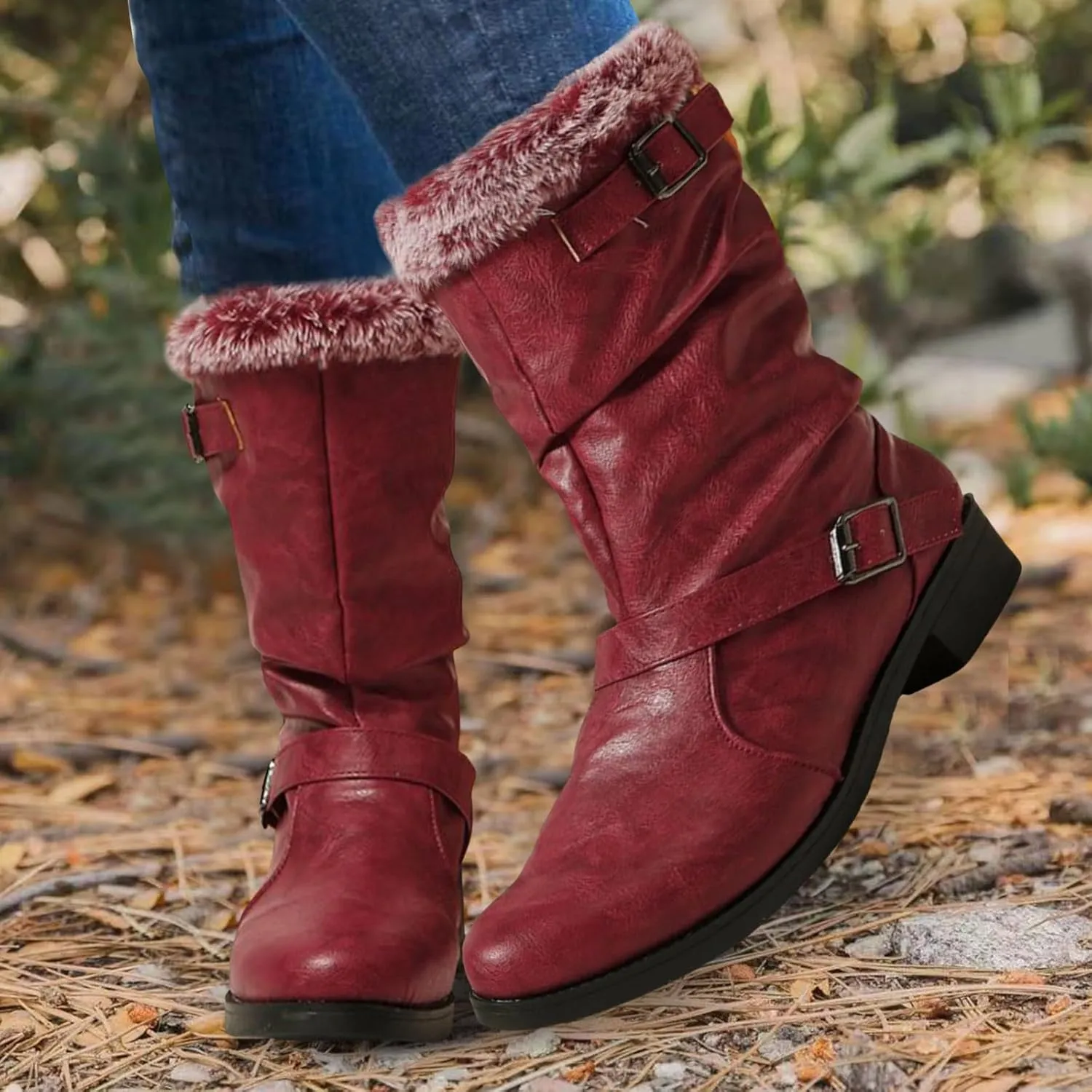 Snow Boots for Women Waterproof Leather Knee High Boots Winter Fully Fur Lined Wide Calf Cowboy Boots