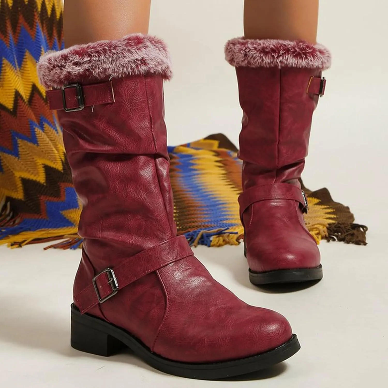 Snow Boots for Women Waterproof Leather Knee High Boots Winter Fully Fur Lined Wide Calf Cowboy Boots