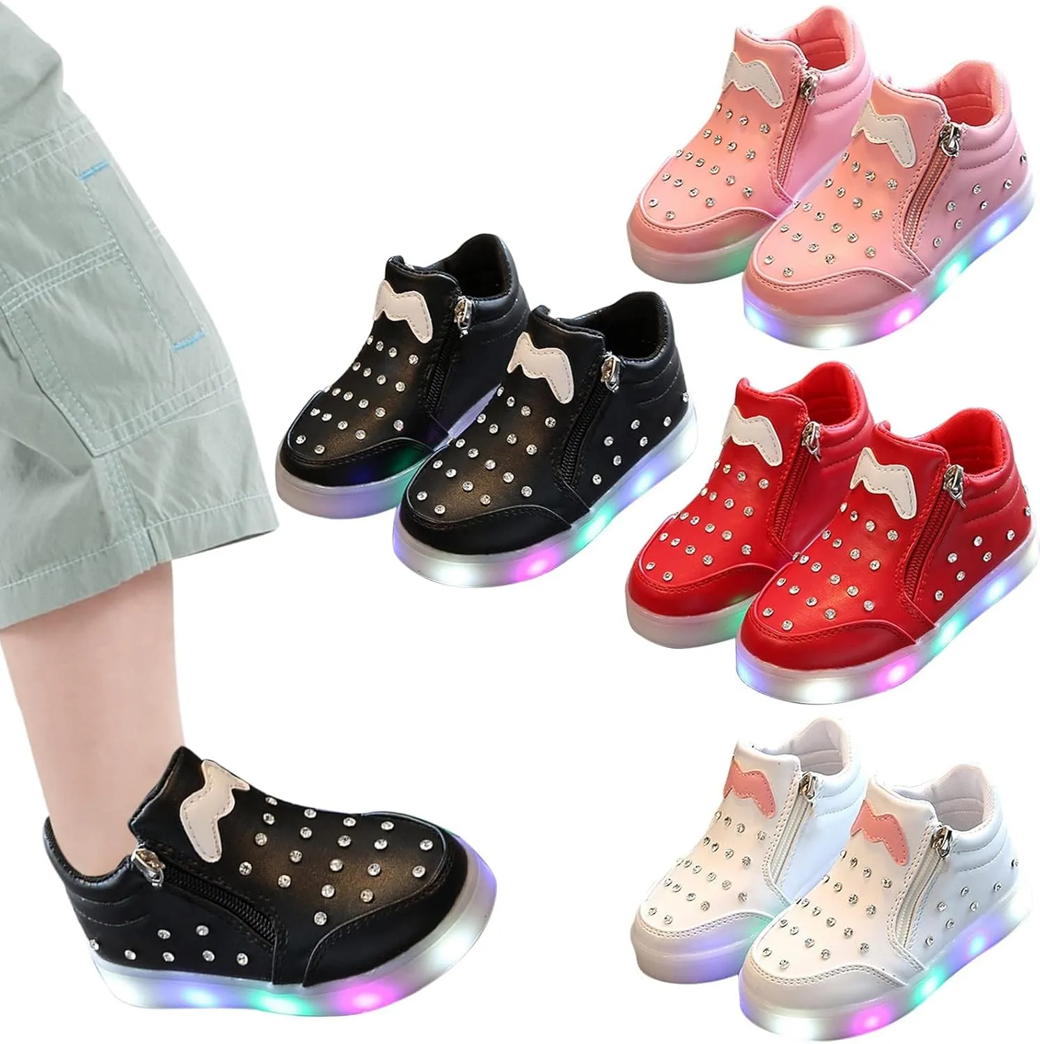 Toddler Little Girls Boys LED Flashing Sneakers Leather Zipper Flat Short Boots Lightweight Sport Shoes for Kids