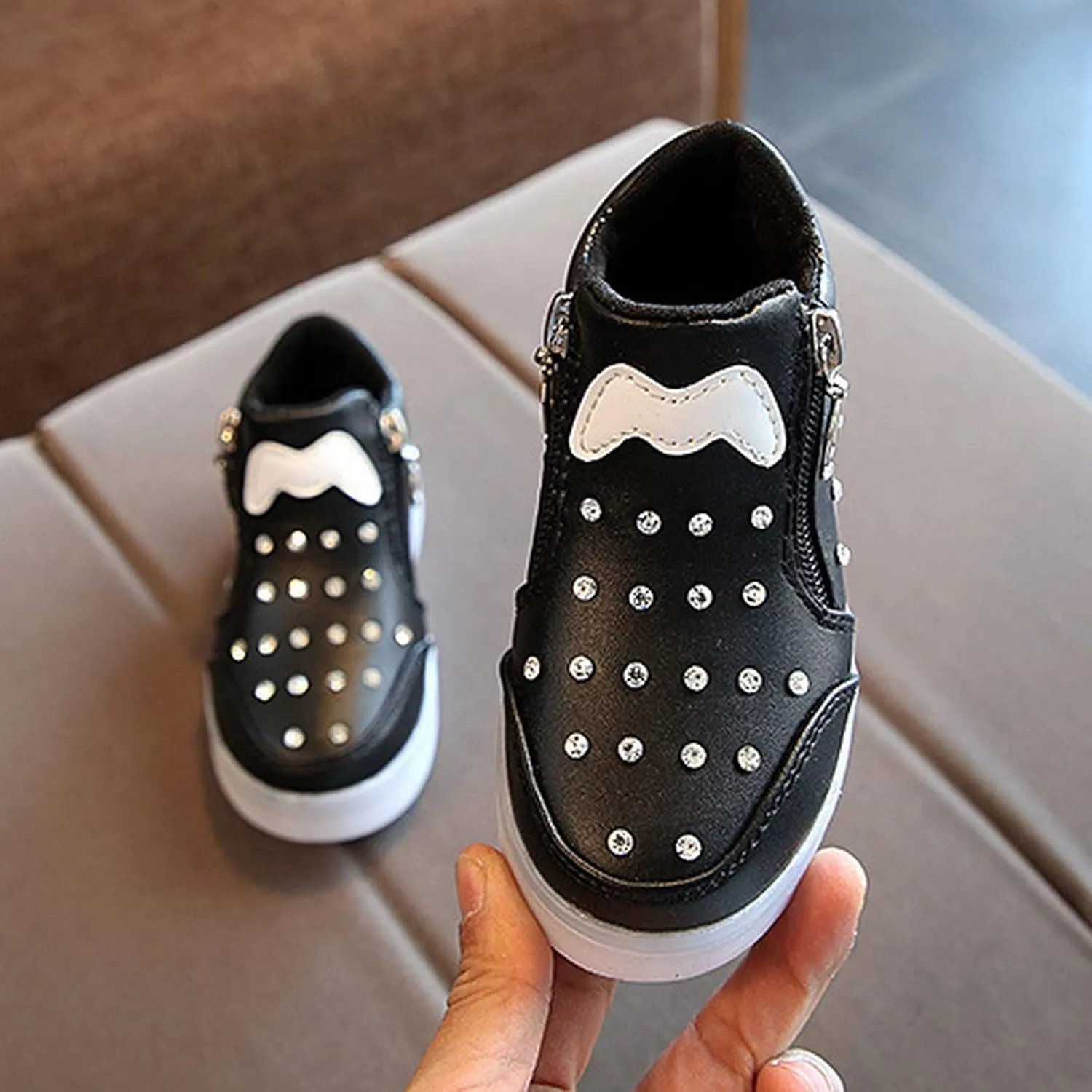 Toddler Little Girls Boys LED Flashing Sneakers Leather Zipper Flat Short Boots Lightweight Sport Shoes for Kids