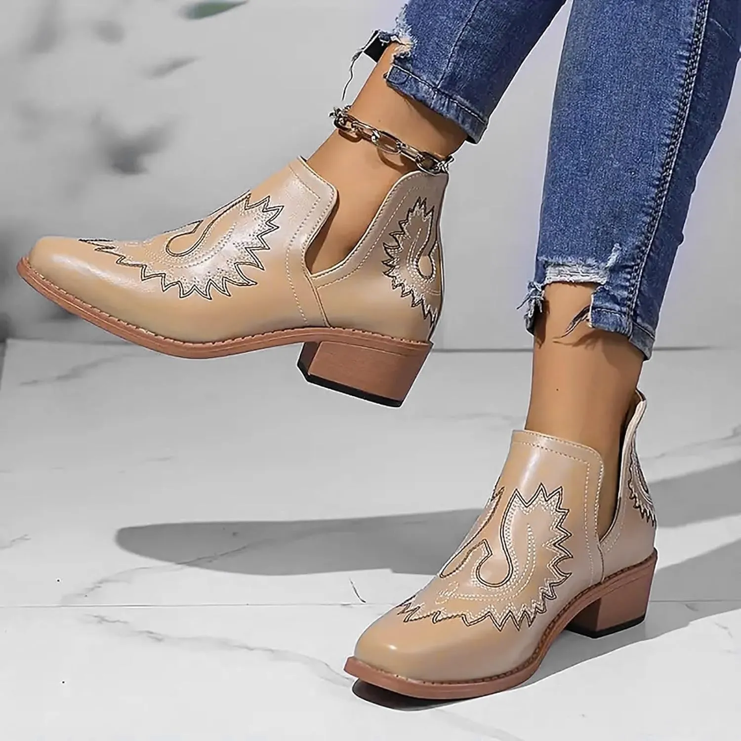 Western Boots Women Fashion Boots for Women Dressy Low Heel Round Toe Chunky Heel Low Heels Slip on Fashionable