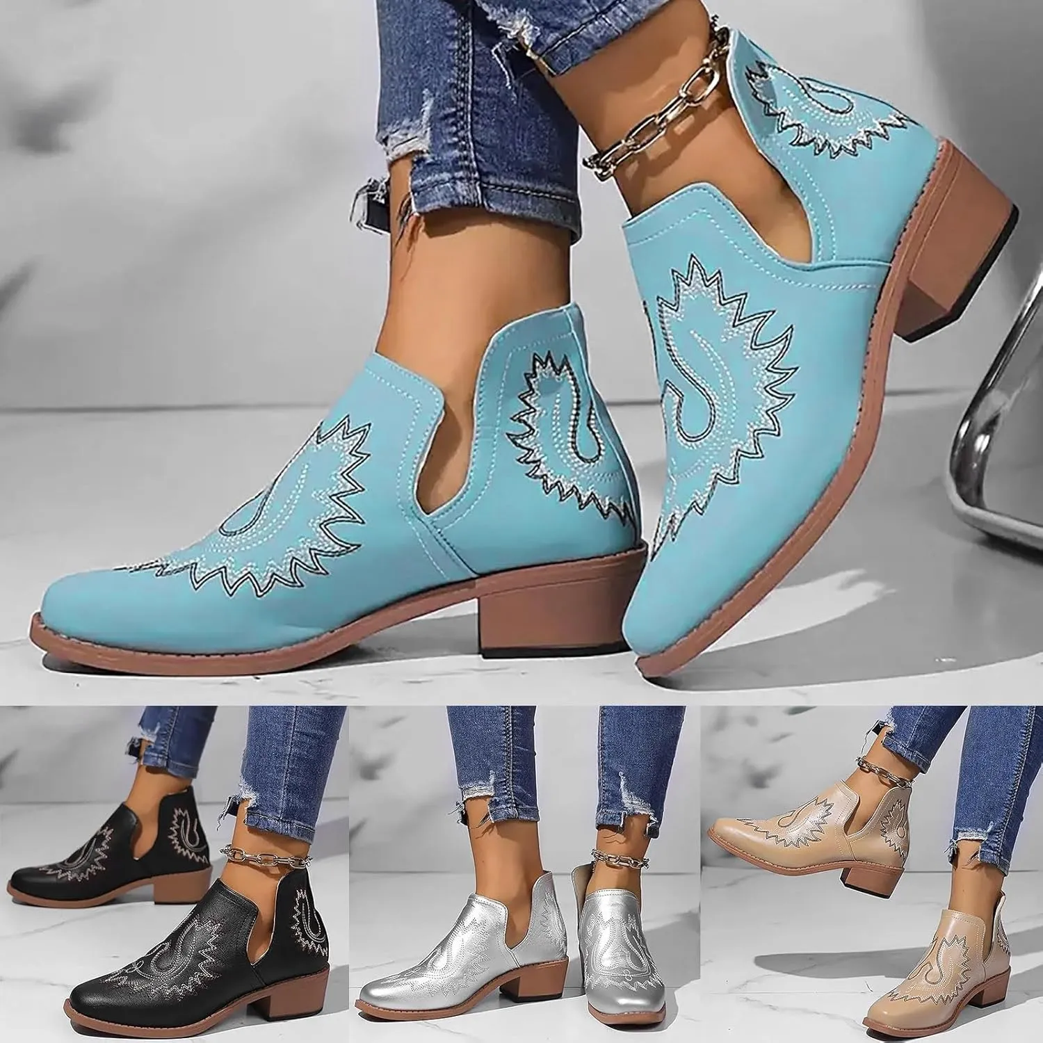 Western Boots Women Fashion Boots for Women Dressy Low Heel Round Toe Chunky Heel Low Heels Slip on Fashionable