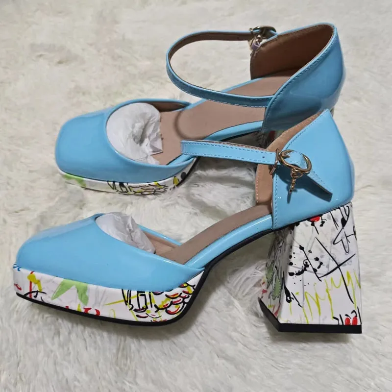 Wjczt Women's High Heel Sandals 2023 Summer New Luxury Round Head Comfortable Chunky Heels Fashion Printed Shoes All-match, Size 43 45