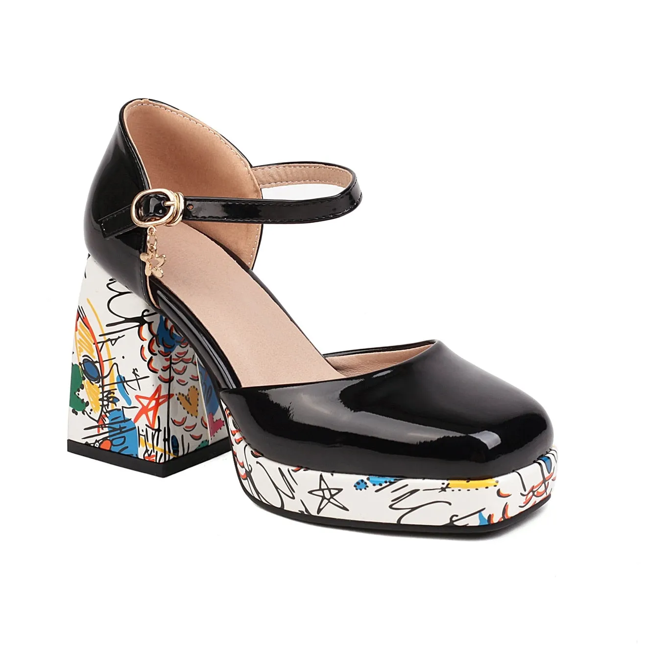 Wjczt Women's High Heel Sandals 2023 Summer New Luxury Round Head Comfortable Chunky Heels Fashion Printed Shoes All-match, Size 43 45
