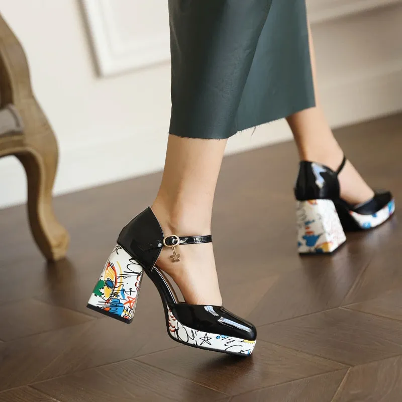 Wjczt Women's High Heel Sandals 2023 Summer New Luxury Round Head Comfortable Chunky Heels Fashion Printed Shoes All-match, Size 43 45