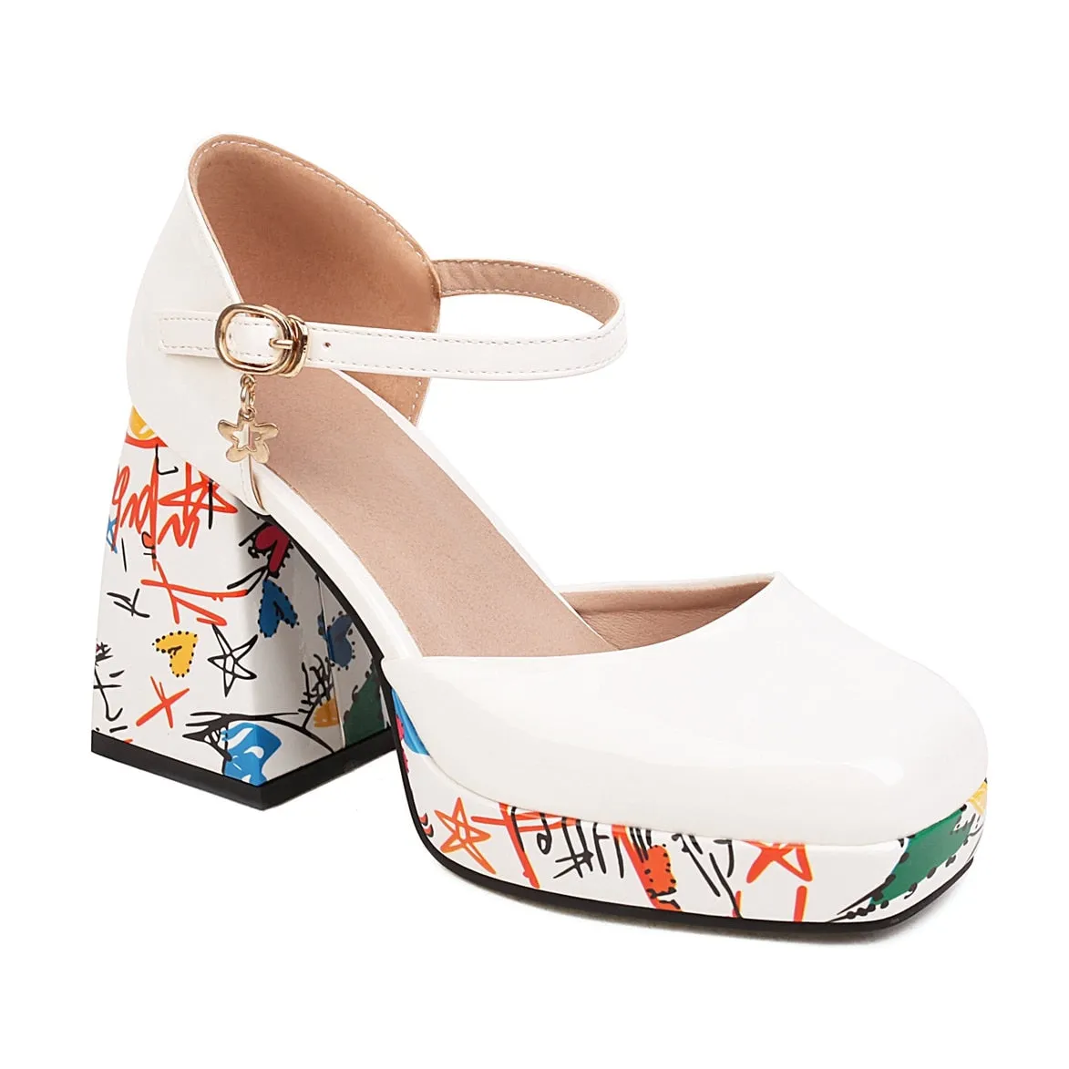Wjczt Women's High Heel Sandals 2023 Summer New Luxury Round Head Comfortable Chunky Heels Fashion Printed Shoes All-match, Size 43 45