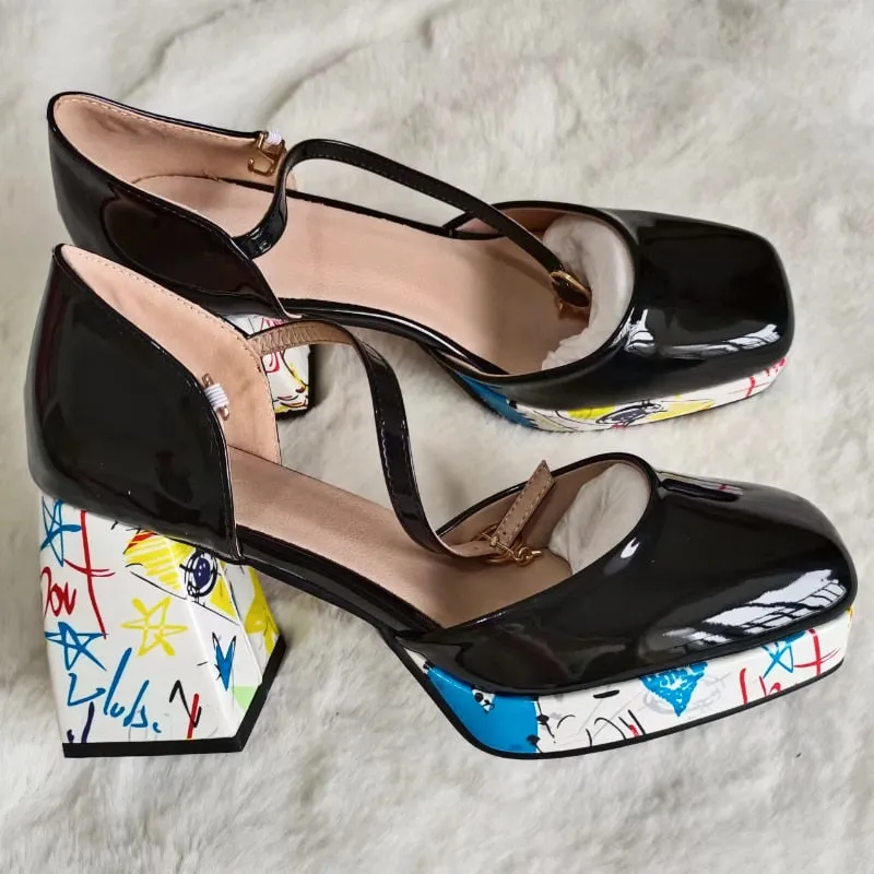 Wjczt Women's High Heel Sandals 2023 Summer New Luxury Round Head Comfortable Chunky Heels Fashion Printed Shoes All-match, Size 43 45