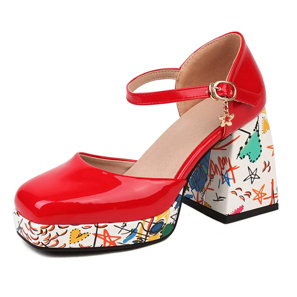 Wjczt Women's High Heel Sandals 2023 Summer New Luxury Round Head Comfortable Chunky Heels Fashion Printed Shoes All-match, Size 43 45