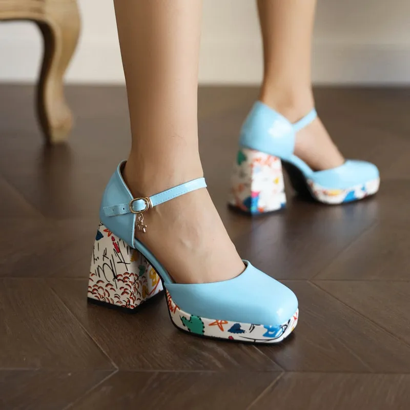 Wjczt Women's High Heel Sandals 2023 Summer New Luxury Round Head Comfortable Chunky Heels Fashion Printed Shoes All-match, Size 43 45
