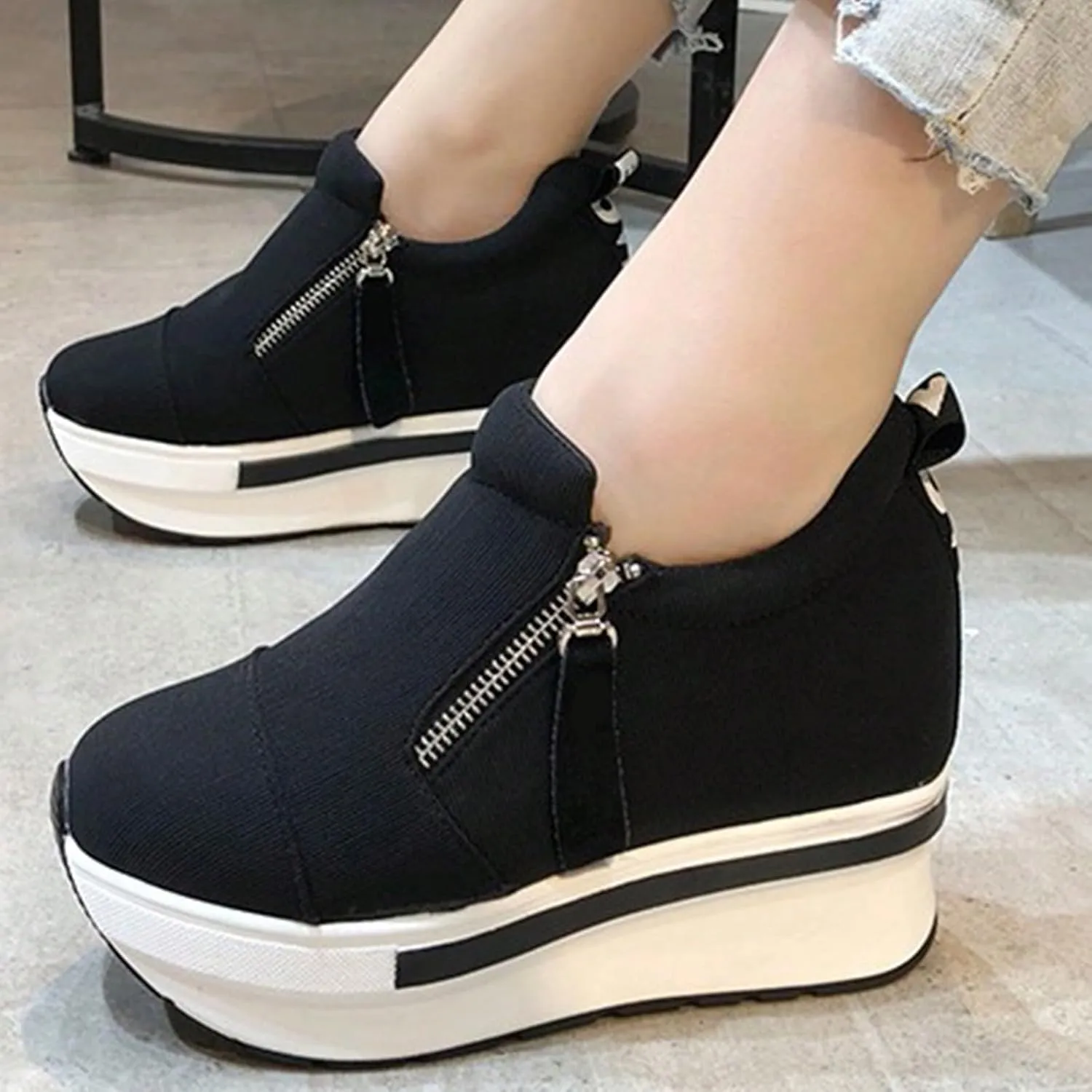 Women Casual ShoesThick Soled Platform Canvas High Heeled Casual Shoes Zipper Foreign Trade Women's Shoes Sneaker Men