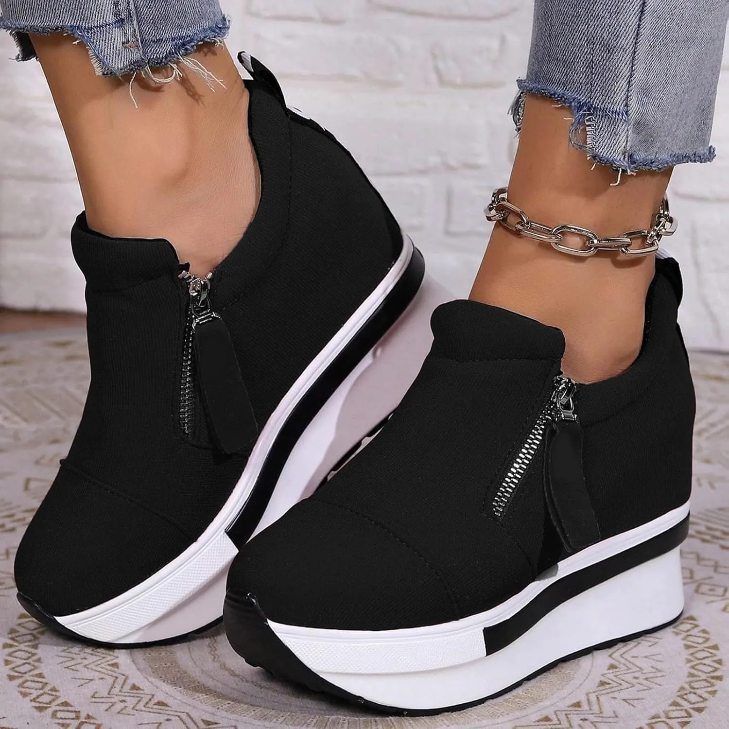 Women Casual ShoesThick Soled Platform Canvas High Heeled Casual Shoes Zipper Foreign Trade Women's Shoes Sneaker Men