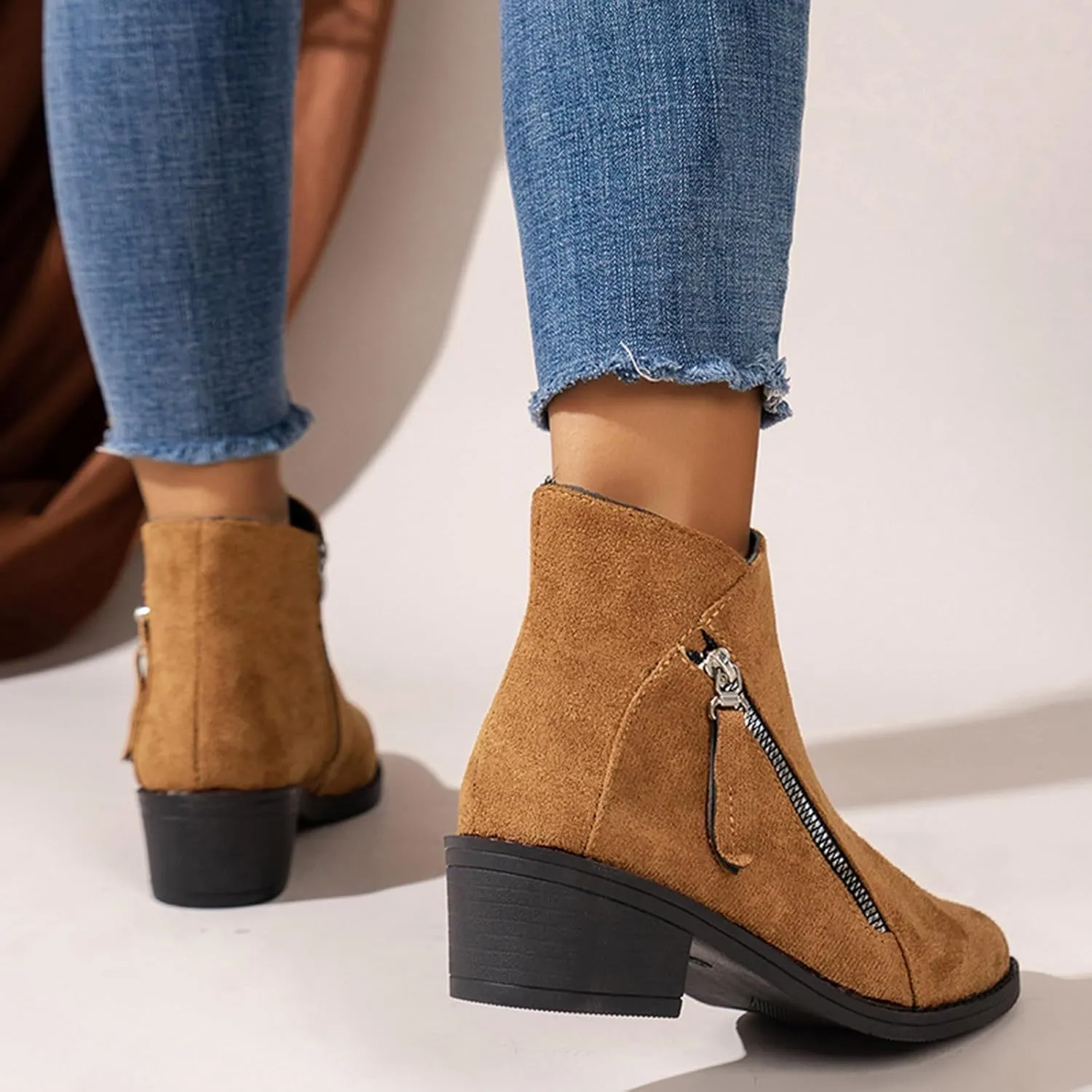 Womens Boots Fall 2024 Ankle Booties Zipper Western Boots Low Heel Dress Booties Shoes Suede Cowboy Boots