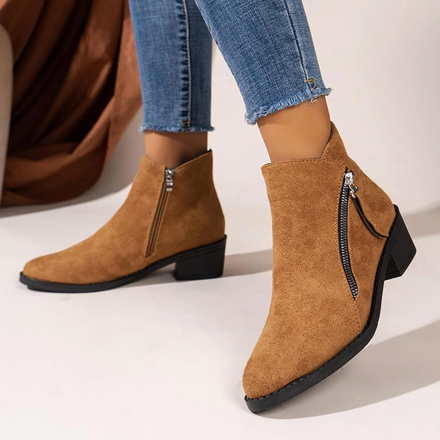 Womens Boots Fall 2024 Ankle Booties Zipper Western Boots Low Heel Dress Booties Shoes Suede Cowboy Boots
