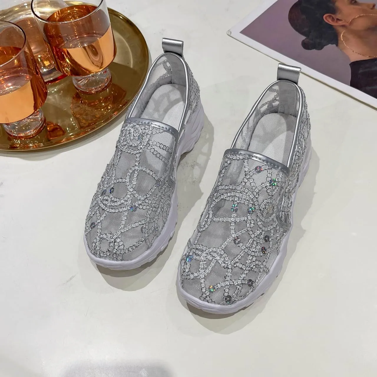 Women's Floral Embroidery Lace Mesh Air Cushion Sneakers, 2024 New Lace Mesh Casual Shoes, Breathable Slip On Platform Loafers Casual Fashion Rocker Shoes