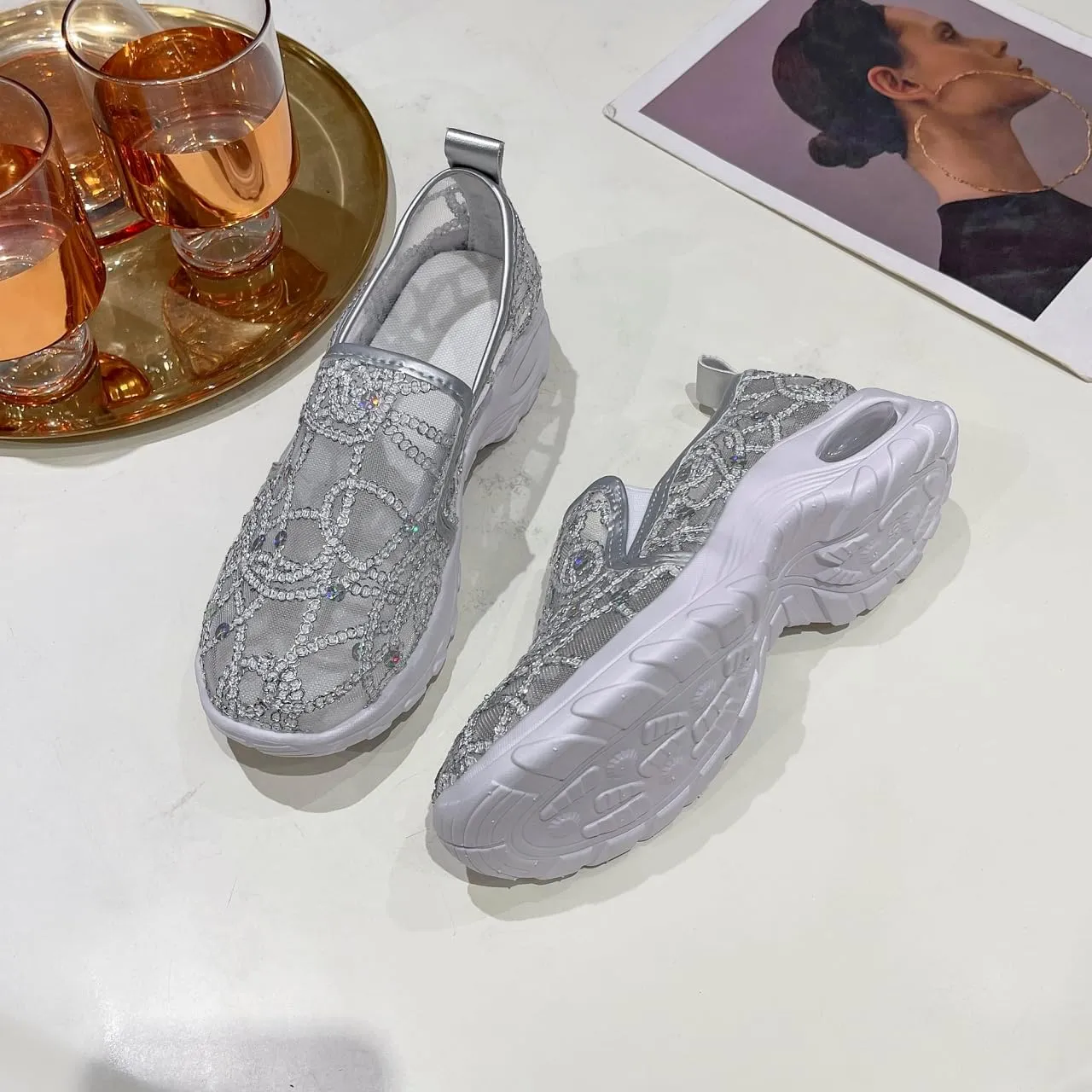 Women's Floral Embroidery Lace Mesh Air Cushion Sneakers, 2024 New Lace Mesh Casual Shoes, Breathable Slip On Platform Loafers Casual Fashion Rocker Shoes