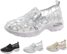 Women's Floral Embroidery Lace Mesh Air Cushion Sneakers, 2024 New Lace Mesh Casual Shoes, Breathable Slip On Platform Loafers Casual Fashion Rocker Shoes