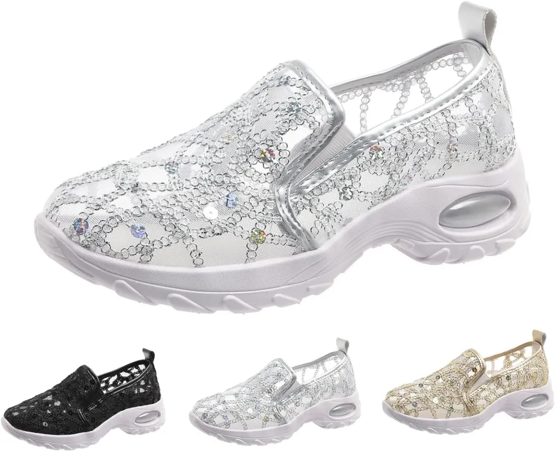 Women's Floral Embroidery Lace Mesh Air Cushion Sneakers, 2024 New Lace Mesh Casual Shoes, Breathable Slip On Platform Loafers Casual Fashion Rocker Shoes