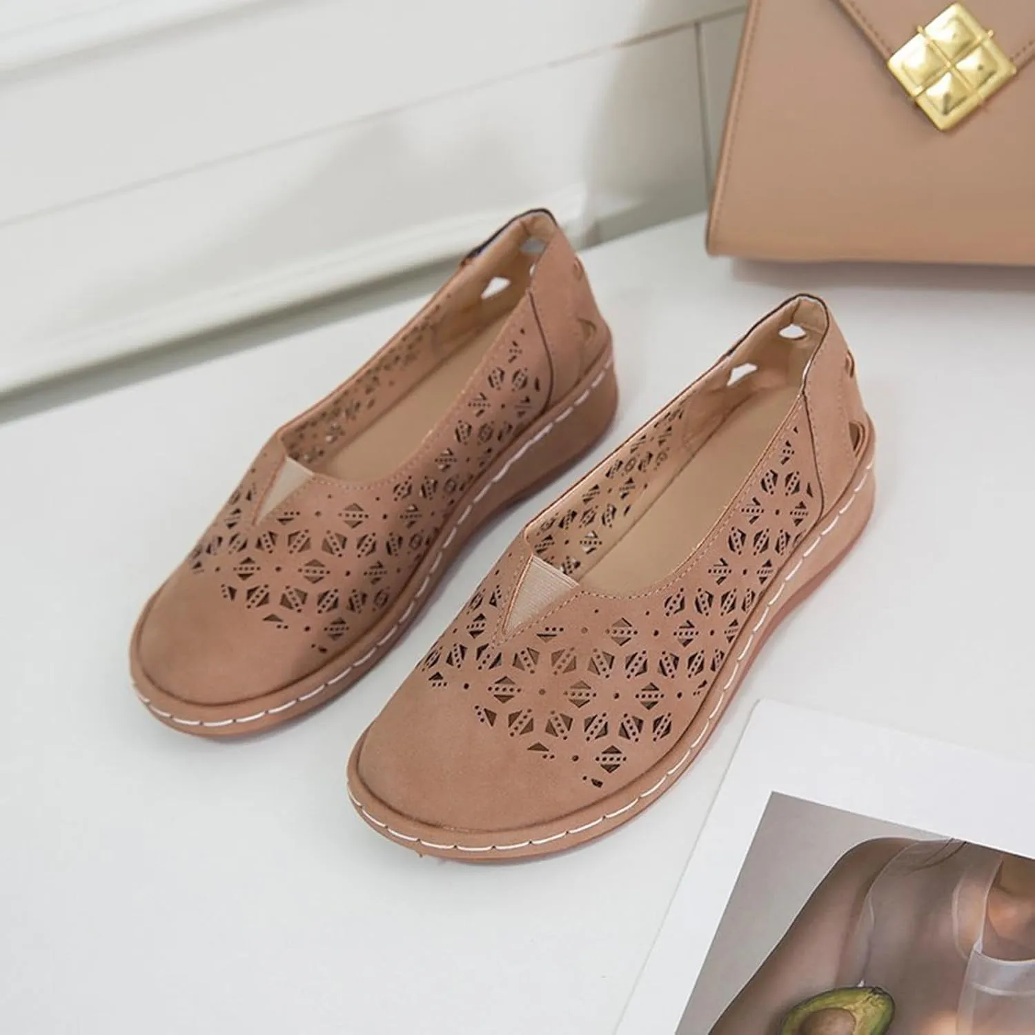 Womens Loafers Summer Comfortable Dressy Soft Plat Sandals Breathable Hollow Out Office Work Shoes Closed Toe Low Heel Walking Slip On Sandal for Women Casual Lightweight