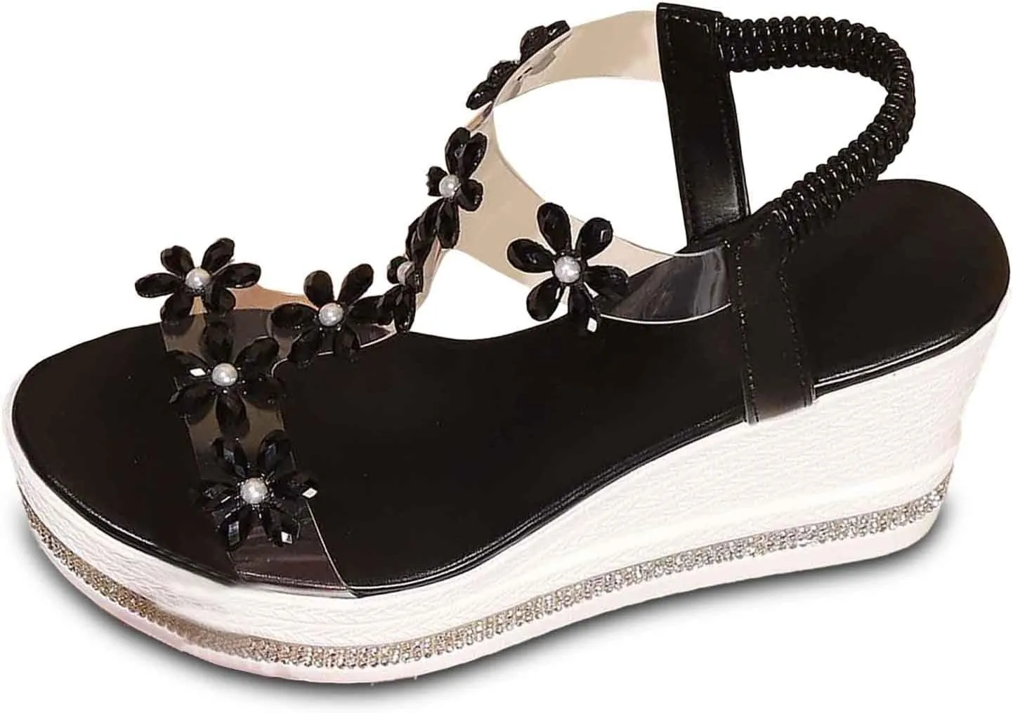 Women's Rhinestone Block Heel Sandals,2025 New Elastic Ankle Strap Sandals Open Toe Fashion Sandals (Black,9)