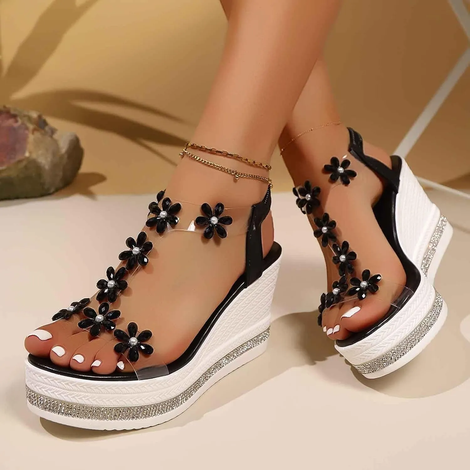 Women's Rhinestone Block Heel Sandals,2025 New Elastic Ankle Strap Sandals Open Toe Fashion Sandals (Black,9)