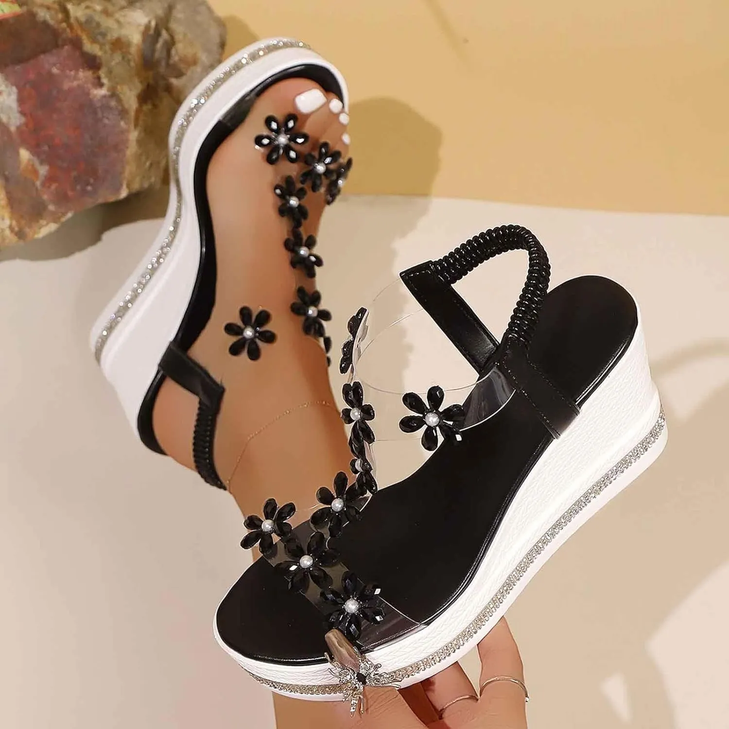 Women's Rhinestone Block Heel Sandals,2025 New Elastic Ankle Strap Sandals Open Toe Fashion Sandals (Black,9)