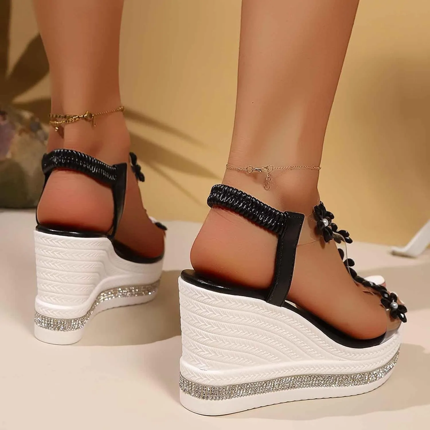 Women's Rhinestone Block Heel Sandals,2025 New Elastic Ankle Strap Sandals Open Toe Fashion Sandals (Black,9)